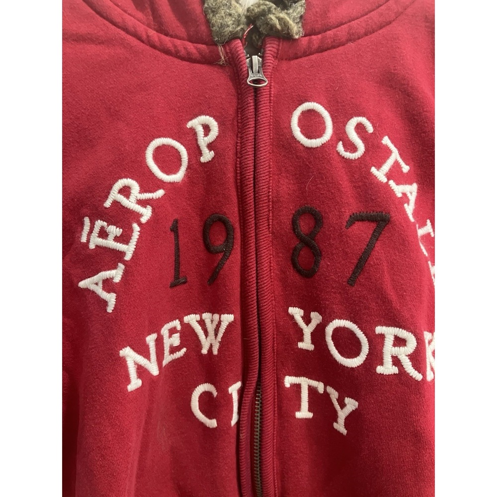 Y2k Vintage Aeropostale New York City Red Zip Up Faux Fur Hoodie Size Large - Picture 2 of 12